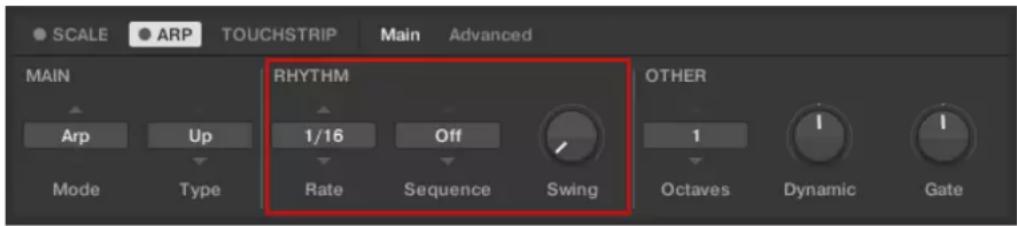 SCALE ARP TOUCHSTRIP Main Advanced MAIN RHYTHM OTHER Arp Up 1/16 Off 1 Mode Type Rate Sequence Swing Octaves Dynamic Gate