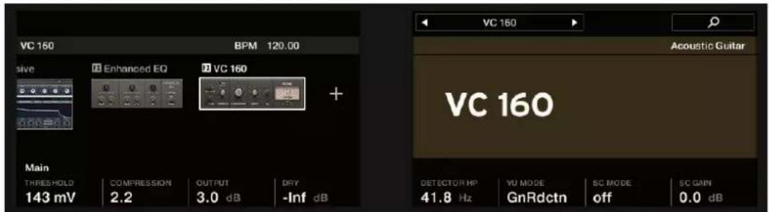 VC 160 BPM 120.00 + ACoustic Guitar VC 160 Main THRESHOLD COMPRESSION OUTPUT DRY 143 mV 2.2 3.0 dB -Inf dB DETECTOR HP YU MODE SC MODE SC GAIN 41.8 Hz GnRdctn off 0.0 dB