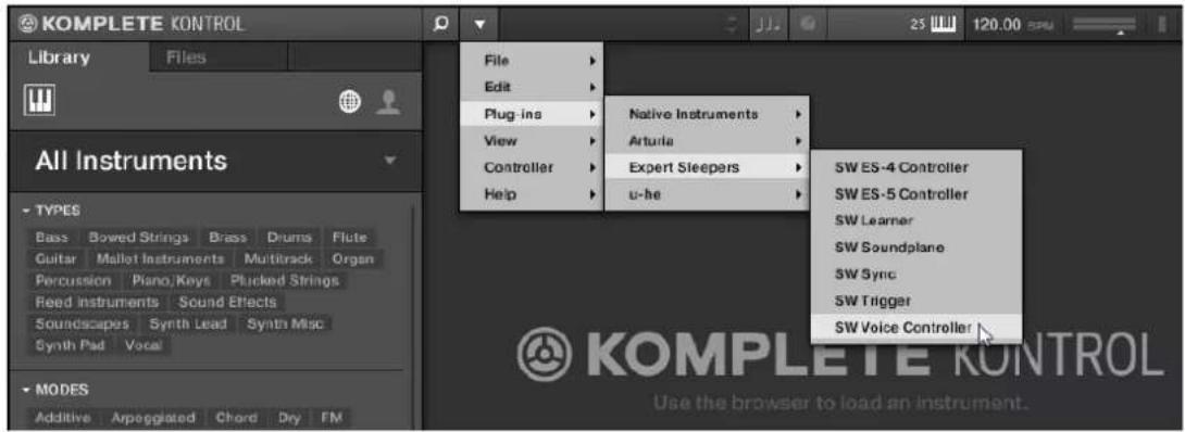 KOMPLETE KONTROL Library Files File Edit Plug ins Native Instruments View Arturia Controller Expert Sleepers Help u-he SW ES-4 Controller SW ES-5 Controller SW Learner SW Soundplane SW Sync SW Trigger SW Voice Controller All Instruments TYPES Bass Bowed Strings Brass Drums Flute Guitar Mallet Instruments Multitrack Organ Percussion Piano Keys Plucked Strings Reed Instruments Sound Effects Soundscapes Synth Lead Synth Misc Synth Pad Vocal MODES Additive Arpoggiated Chord Dry FM KOMPLETE KONTROL Use the browser to load an instrument.