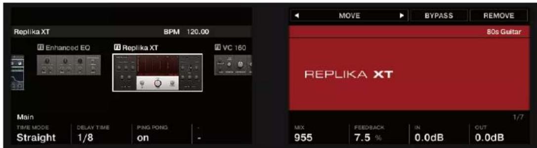 Replika XT BPM 120.00 Enhanced EQ Replika XT VC 160 Main TIME MODE DELAY TIME PING PONG - Straight 1/8 on - MOVE BYPASS REMOVE 80s Guitar REPLIKA XT 1/7 MIX 955 FEEDBACK 7.5 % IN 0.0dB OUT 0.0dB