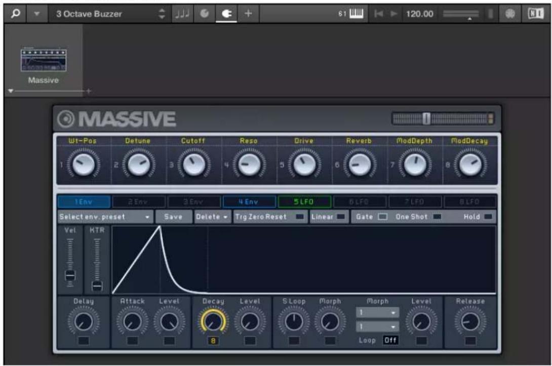 3 Octave Buzzer 61 120.00 Massive MASSIVE Wt-Pos Detune Cutoff Reso Drive Reverb ModDepth ModDecay 1 2 3 4 5 6 7 8 1Env 2Env 3Env 4Env 5LFO 6LFO 7LFO 8LFO Select env. preset Save Delete Trig Zero Reset Linear Gate.One Shot Hold Vel KTR Delay Attack Level Decay Level 5 Loop Morph Morph Level Release 8 1 1 Loop Off