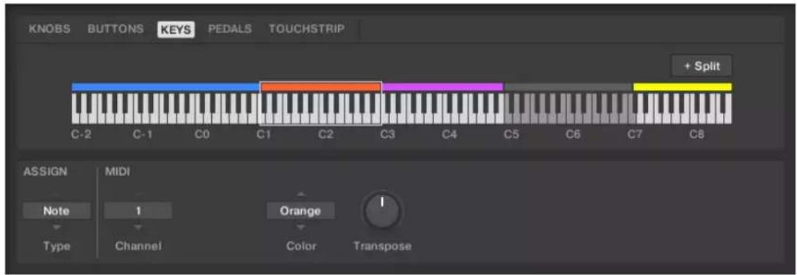 KNOBS BUTTONS KEYS PEDALS TOUCHSTRIP + Split C-2 C-1 C0 C1 C2 C3 C4 C5 C6 C7 C8 ASSIGN MIDI Note 1 Orange 1 Type Channel Color Transpose