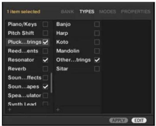 1 item selected Piano/Keys Pitch Shift Pluck...trings Reed...ents Resonator Reverb Soun...ffects Soun...apes Spea...ulator Synth Lead BANK TYPES MODES PROPERTIES Banjo Harp Koto Mandolin Other...trings Sitar + APPLY EDIT
