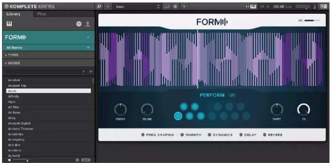 KOMPLETE KONTROL Library File FORMII All Banks TYPES MODES Acrobat Aogean Tap Acion Affinity Agro All Stai All Sync Alloy Ancient Digital Android Tension Anonymity Anonymity Anti Bro Antidote Achomb FORMII VOL PERFORM 5OUND 5OUND SHAPE FX FREQ SHAPING WARMTH DYNAMICS DELAY REVERB