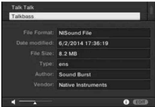 Talk Talk Talkbass File Format: NiSound File Date modified: 6/2/2014 17:36:19 File Size: 8.2 MB Type: ens Author: Sound Burst Vendor: Native Instruments