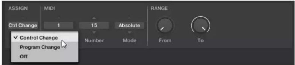 ASSIGN MIDI Ctrl Change 1 15 Absolute ✓ Control Change Program Change Off Number Mode RANGE From To