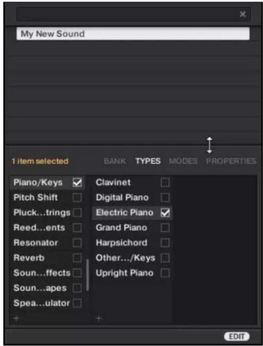 My New Sound 1 item selected BANK TYPES MODES PROPERTIES Piano/Keys ✓ Clavinet Pitch Shift □ Digital Piano Pluck...trings □ Electric Piano ✓ Reed...ents □ Grand Piano Resonator □ Harpsichord Reverb □ Other.../Keys Soun...ffects □ Upright Piano Soun...apes □ Spea...ulator □ + + EDIT