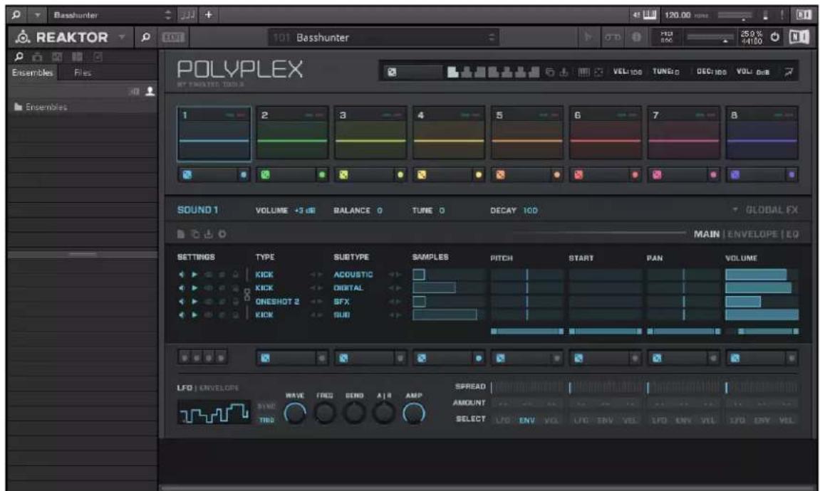 Reaktor 101 Basshunter POLYPLEX MY ENVELOPED TOOL 3 1 2 3 4 5 6 7 8 SOUND 1 VOLUME +3 dB BALANCE 0 TUNE 0 DECAY 10D GLOBAL FX MAIN | ENVELOPE | EQ SETTINGS TYPE SUBTYPE SAMPLES PITCH START PAN VOLUME KICK ACOUSTIC KICK DIGITAL ONESHOT 2 SFX KICK SUB LFD | ENVELOPE SPREAD AMOUNT SELECT LFD ENV VCL LFD ENV VEL LFD ENV VLL LFD ENV VLL TIME FREQ SEND ARR AMP TBD