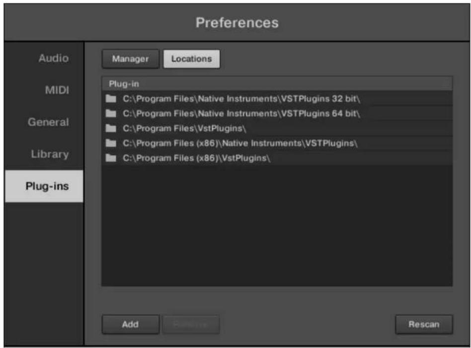 Preferences Audio MIDI General Library Plug-ins Manager Locations Plug-in C:\Program Files\Native Instruments\VSTPlugins 32 bit\ C:\Program Files\Native Instruments\VSTPlugins 64 bit\ C:\Program Files\VstPlugins\ C:\Program Files (x86)\Native Instruments\VSTPlugins\ C:\Program Files (x86)\VstPlugins\ Add Passive Rescan
