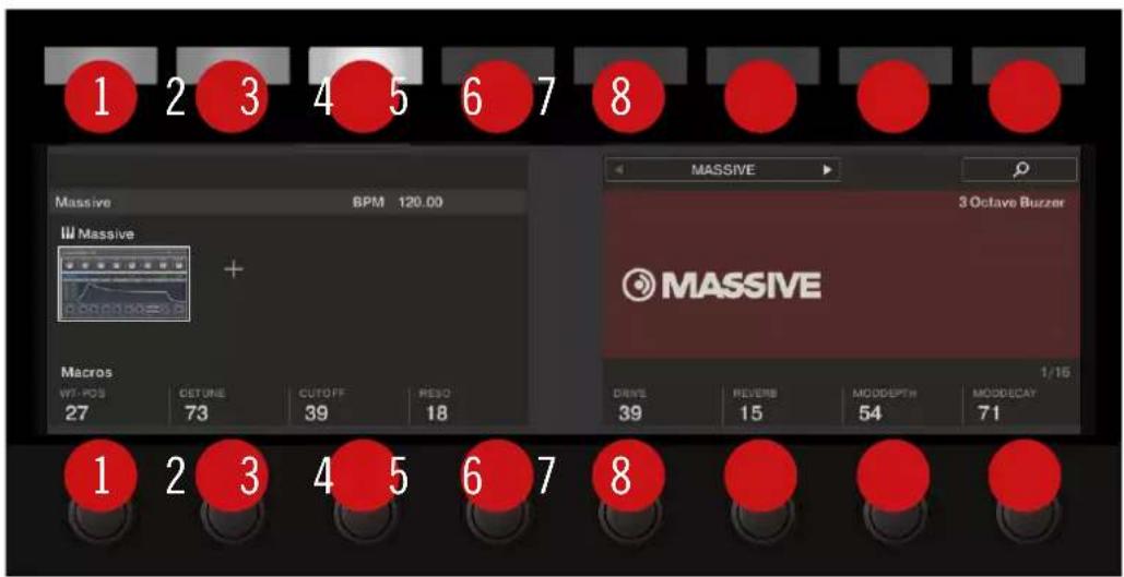 1 2 3 4 5 6 7 8 Massive BPM 120.00 Massive + Macros WT-POS 27 DETURE 73 CUTOFF 39 RESO 18 MASSIVE 3 Octave Buzzer MASSIVE 1/16 DRIVE 39 REVERB 15 MODEPTR 54 MODEDAY 71