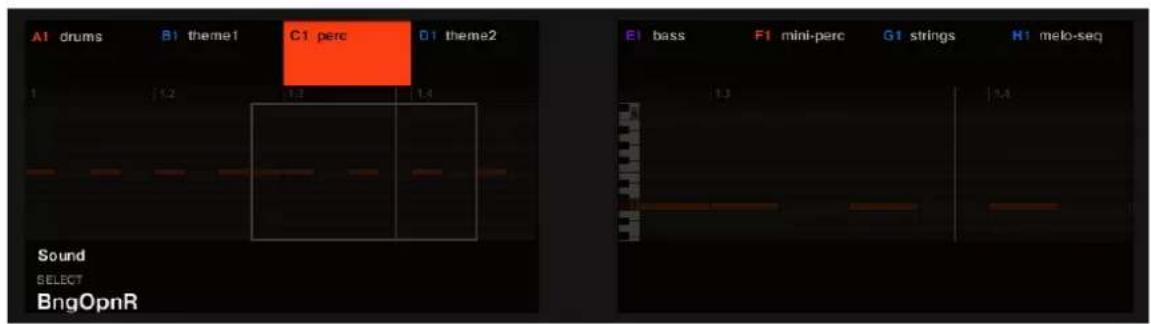 A1 drums B1 theme1 C1 perc D1 theme2 1 1.2 1.3 1.4 Sound SELECT BngOpnR E1 bass F1 mini-perc G1 strings H1 melo-seq