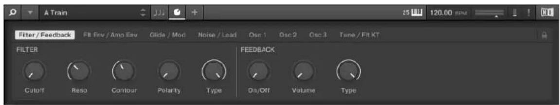 A Train Filter / Feedback Filter Env / Amp Env Glide / Mod Noise / Load Osc 1 Osc 2 Osc 3 Tune / Fit KT FILTER Cutoff Reso Contour Polarity Type FEEDBACK On/Off Volume Type