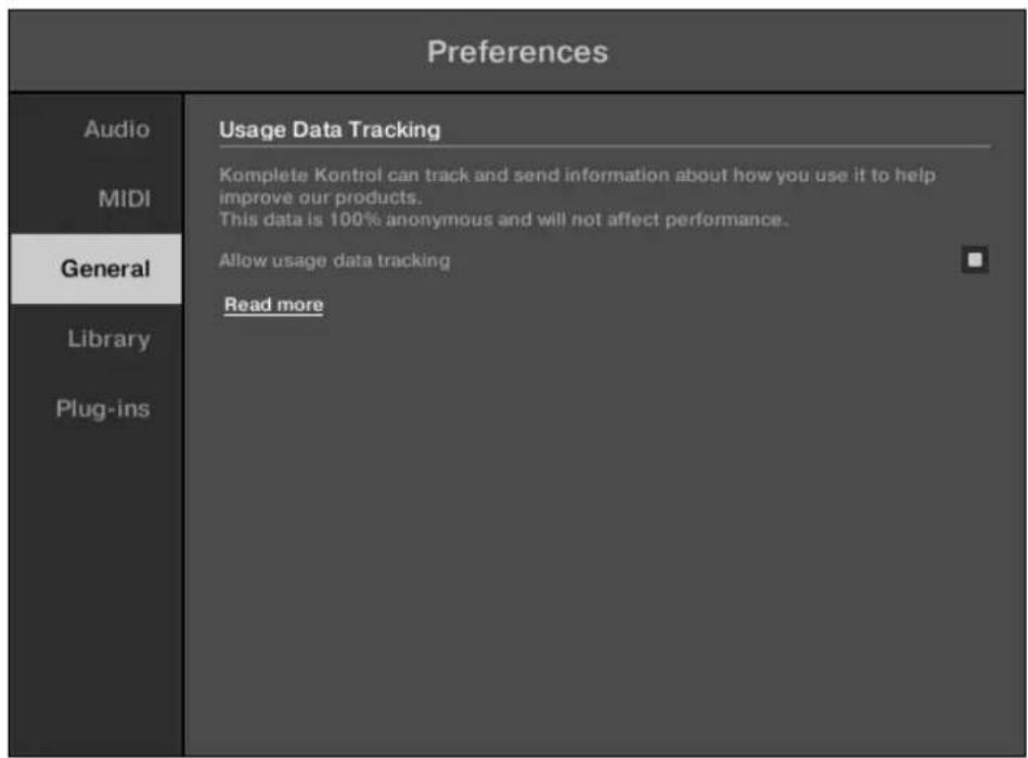Preferences Audio MIDI General Library Plug-ins Usage Data Tracking Komplete Kontrol can track and send information about how you use it to help improve our products. This data is 100% anonymous and will not affect performance. Allow usage data tracking Read more