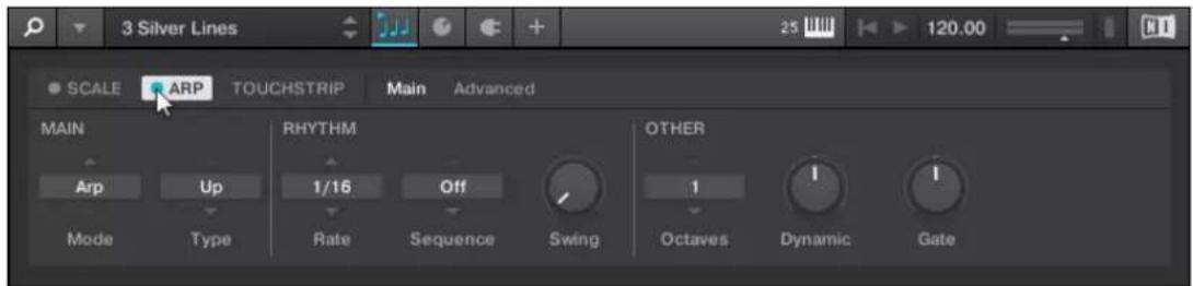 3 Silver Lines SCALE ARP TOUCHSTRIP Main Advanced MAIN Arp Up RHYTH 1/16 Off OTHER Mode Type Rate Sequence Swing Octaves Dynamic Gate