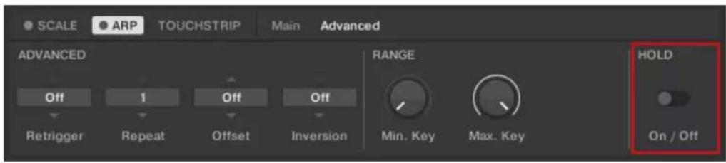 SCALE ARP TOUCHSTRIP Main Advanced ADVANCED Off 1 Off Off Retrigger Repeat Offset Inversion RANGE Min. Key Max. Key HOLD On / Off
