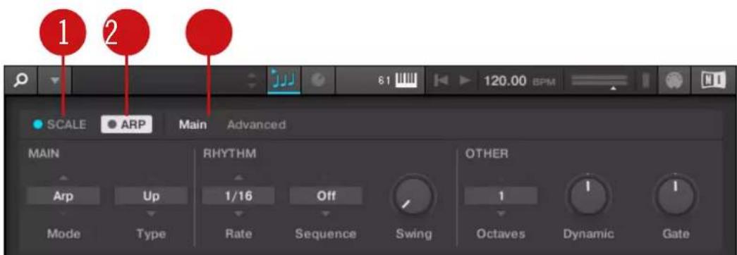 1 2 SCALE ARP Main Advanced MAIN Arp Up RHYTH Off OTHER Mode Type Rate Sequence Swing Octaves Dynamic Gate