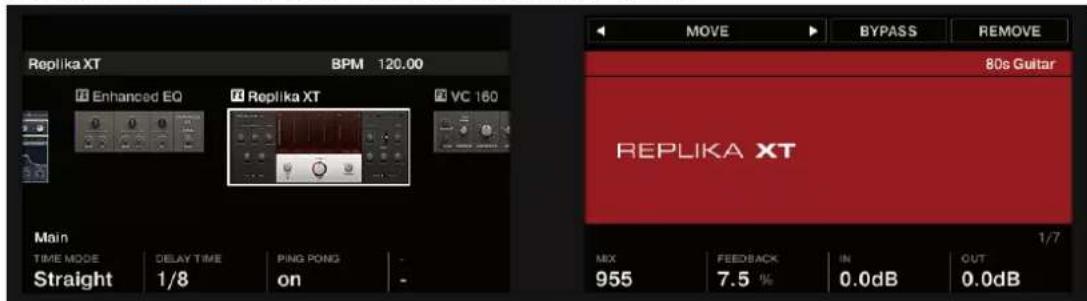 Replika XT BPM 120.00 Enhanced EQ Replika XT VC 160 Main TIME MODE DELAY TIME PING PONG - Straight 1/8 on - MOVE BYPASS REMOVE 80s Guitar REPLIKA XT 1/7 MIX 955 FEEDBACK 7.5 % IN 0.0dB OUT 0.0dB