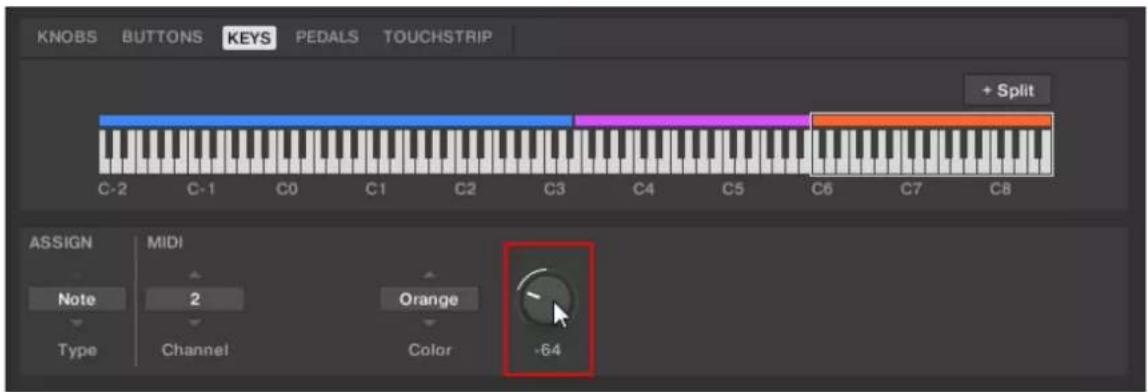 KNOBS BUTTONS KEYS PEDALS TOUCHSTRIP + Split C-2 C-1 C0 C1 C2 C3 C4 C5 C6 C7 C8 ASSIGN MIDI Note 2 Orange Type Channel Color -64