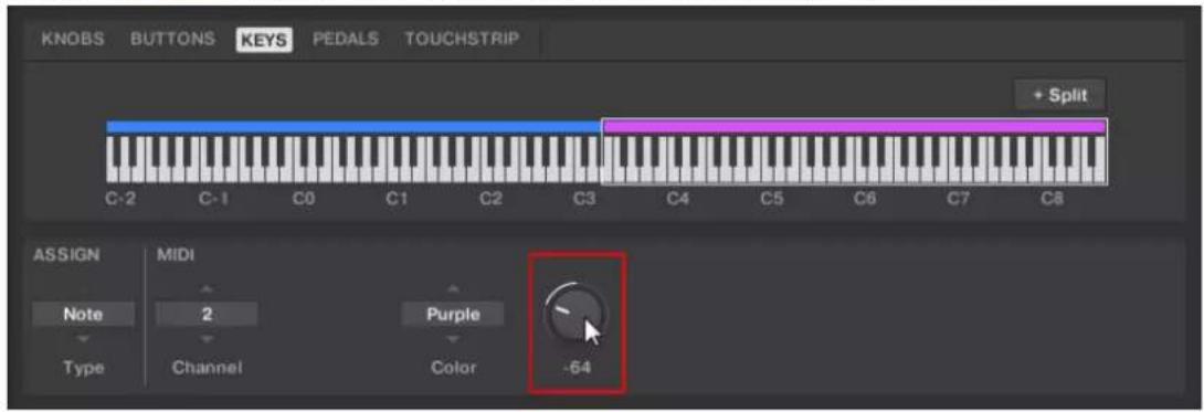KNOBS BUTTONS KEYS PEDALS TOUCHSTRIP + Split C-2 C-1 C0 C1 C2 C3 C4 C5 C6 C7 C8 ASSIGN MIDI Note 2 Purple Type Channel Color -64