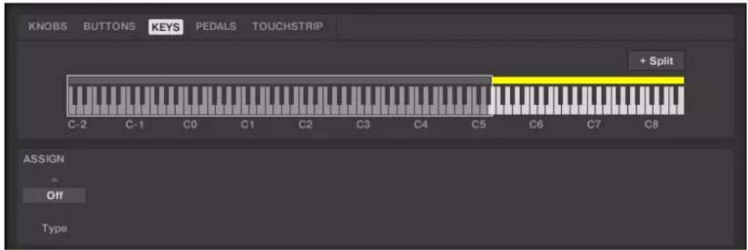 KNOBS BUTTONS KEYS PEDALS TOUCHSTRIP + Split C-2 C-1 C0 C1 C2 C3 C4 C5 C6 C7 C8 ASSIGN Off Type