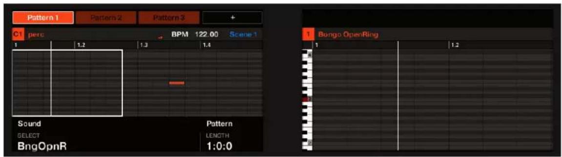 Pattern 1 Pattern 2 Pattern 3 + C1 perc BPM 122.00 Scene 1 1 1.2 1.3 1.4 Sound Pattern SELECT LENGTH BngOpnR 1:0:0 Bongo OpenRing 1 1.2 4 5