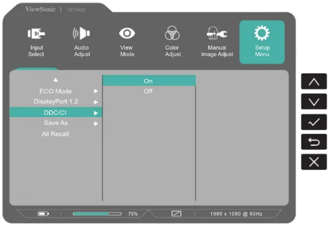 ViewSonic | VP2468 Input Select Audio Adjust View Mode Color Adjust Manual Image Adjust Setup Menu ECO Mode DisplayPort 1.2 DDC/CI Save As All Recall On Off 75% 1980 x 1080 @ 60Hz
