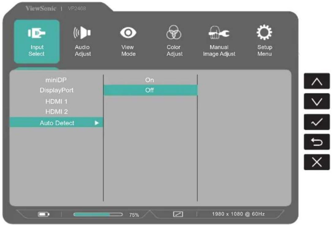 ViewSonic | VF2488 Input Select Audio Adjust View Mode Color Adjust Manual Image Adjust Setup Menu miniDP DisplayPort HDMI 1 HDMI 2 Auto Detect On Off 75% 1980 x 1080 @ 60Hz