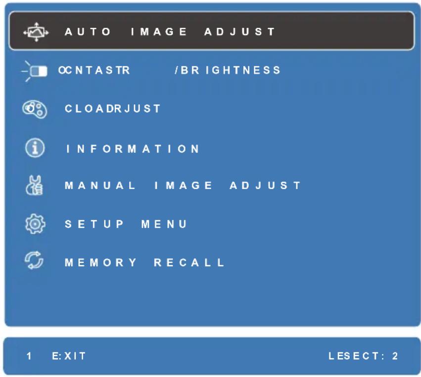 AUTO IMAGE ADJUST CCNTASTR /BRIGHTNESS CLOADRJUST INFORMATION MANUAL IMAGE ADJUST SETUP MENU MEMORY RECALL 1 E: XIT LESECT: 2