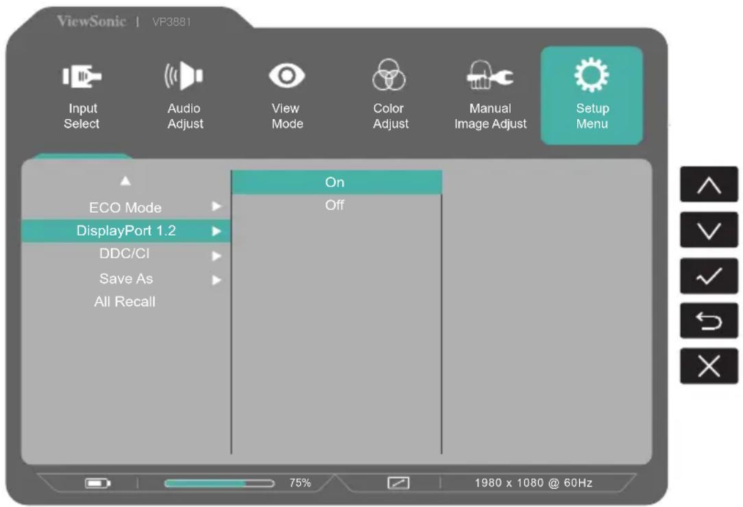 ViewSonic | VP3881 Input Select Audio Adjust View Mode Color Adjust Manual Image Adjust Setup Menu ECO Mode DisplayPort 1.2 DDC/CI Save As All Recall On Off 75% 1980 x 1080 @ 60Hz