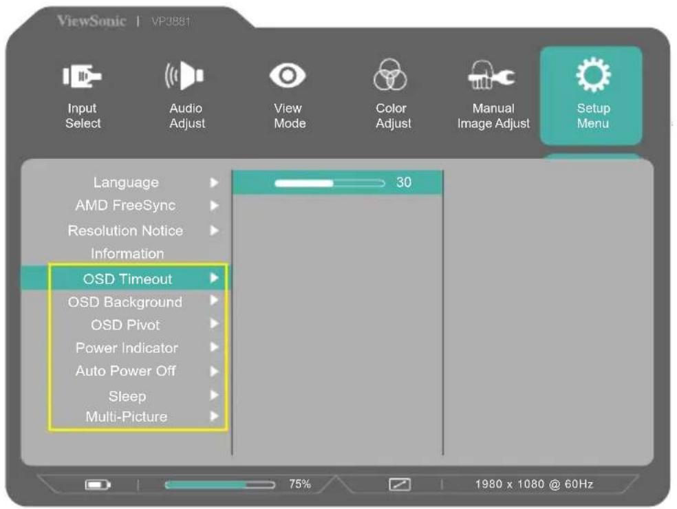ViewSonic | VP3881 Input Select Audio Adjust View Mode Color Adjust Manual Image Adjust Setup Menu Language AMD FreeSync Resolution Notice Information OSD Timeout OSD Background OSD Pivot Power Indicator Auto Power Off Sleep Multi-Picture 30 75% 1980 x 1080 @ 60Hz