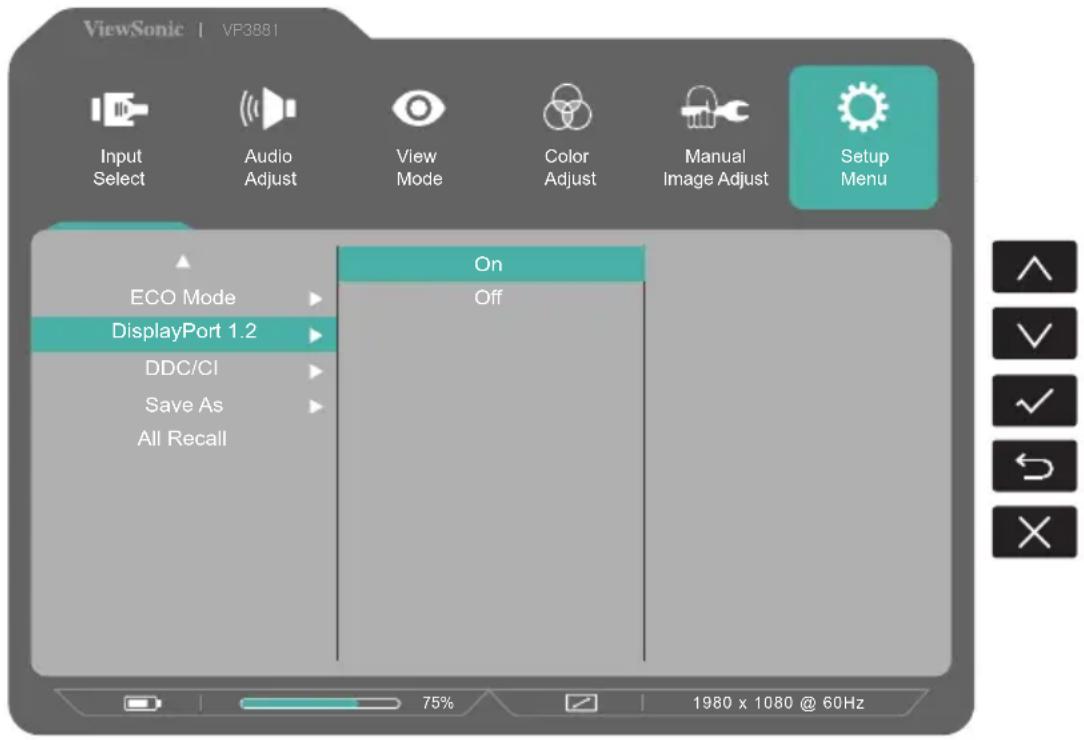 ViewSonic | VP3881 Input Select Audio Adjust View Mode Color Adjust Manual Image Adjust Setup Menu ECO Mode DisplayPort 1.2 DDC/CI Save As All Recall On Off 75% 1980 x 1080 @ 60Hz