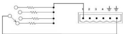 Electrical wiring diagram showing three-phase power connections with resistors and a terminal connector labeled 1-4.