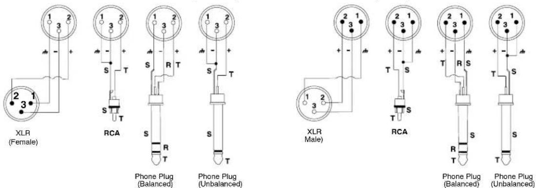 XLR (Female) RCA Phone Plug (Balanced) Phone Plug (Unbalanced) XLR (Male) RCA Phone Plug (Balanced) Phone Plug (Unbalanced)