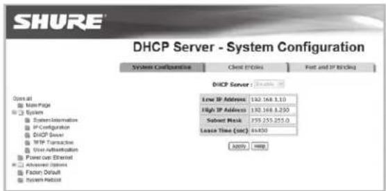 SHURE® DHCP Server - System Configuration System Configuration Close IP Address: 192.168.1.10 High IP Address: 192.168.1.250 Subnet Mask: 255.255.255.0 Lease Time (sec): 04:00 ADD: 10000 DHCIP Server : 3.0 minutes Access New Page System System Information IP Configuration DHCP Server MTP Transaction User Authentication Power on Ethernet Advanced Systems Facts Default System Hosts
