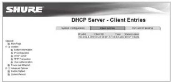 SHURE AXT620 - DHCP-Server - Client-Einträge - 1