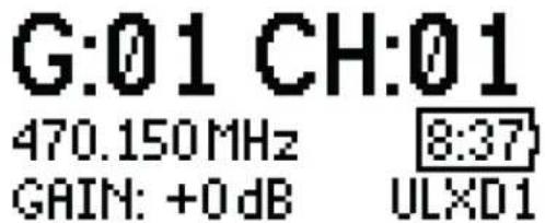 G:01 CH:01 470.150MHz 8:37 GAIN: +0 dB ULXD1