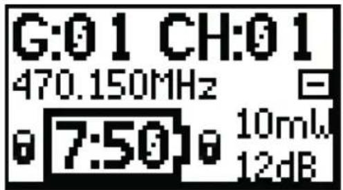 G:01 CH:01 470.150MHz 7:50 10mW 12dB