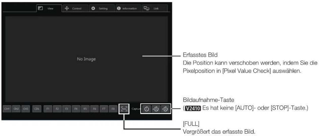 View Control Setting Information Link No Image Erfasstes Bild Die Position kann verschoben werden, indem Sie die Pixelposition in [Pixel Value Check] auswählen. Bildaufnahme-Taste (V2410 Es hat keine [AUTO]- oder [STOP]-Taste.) [FULL] Vergrößert das erfasste Bild.