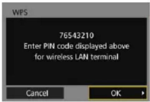 WPS 76543210 Enter PIN code displayed above for wireless LAN terminal Cancel OK