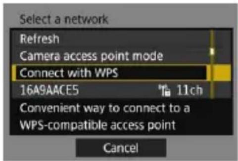 Select a network Refresh Camera access point mode Connect with WPS 16A9AACE5 11ch Convenient way to connect to a WPS-compatible access point Cancel