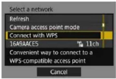 Select a network Refresh Camera access point mode Connect with WPS 16A9AACE5 11ch Convenient way to connect to a WPS-compatible access point Cancel