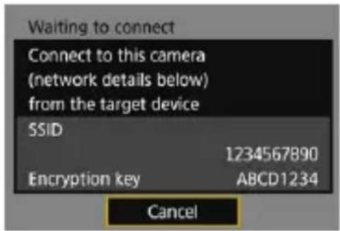Waiting to connect Connect to this camera (network details below) from the target device SSID 1234567890 Encryption key ABCD1234 Cancel
