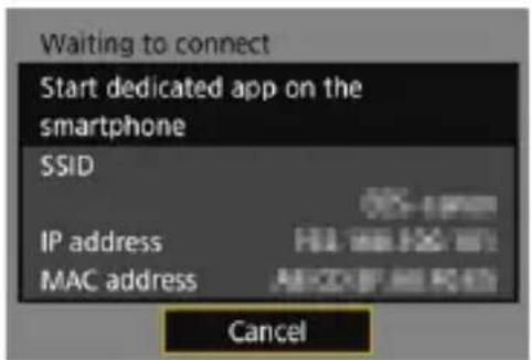 Waiting to connect Start dedicated app on the smartphone SSID IP address MAC address Cancel