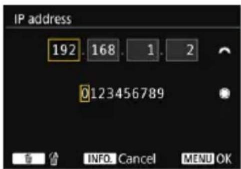 IP address 192 . 168 . 1 . 2 0123456789 INFO. Cancel MENU OK