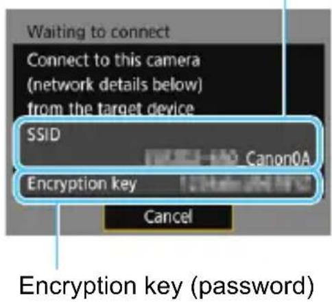 Waiting to connect Connect to this camera (network details below) from the target device SSID Canon0A Encryption key Cancel Encryption key (password)
