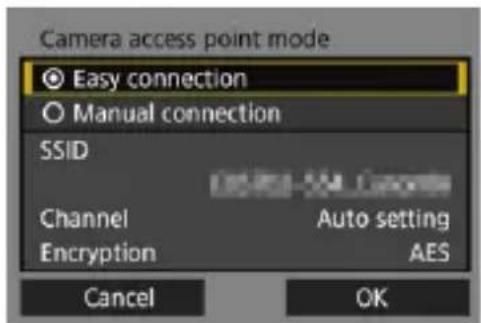 Camera access point mode Easy connection Manual connection SSID Channel Auto setting Encryption AES Cancel OK