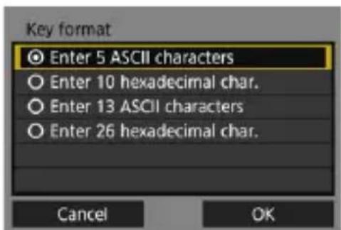 Key format Enter 5 ASCII characters Enter 10 hexadecimal char. Enter 13 ASCII characters Enter 26 hexadecimal char. Cancel OK