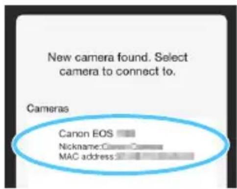 New camera found. Select camera to connect to. Cameras Canon EOS Nickname: C MAC address: 1