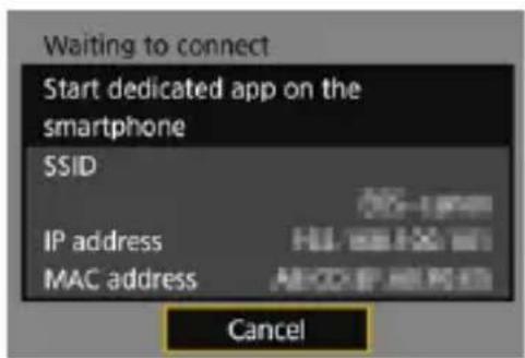 Waiting to connect Start dedicated app on the smartphone SSID IP address MAC address Cancel