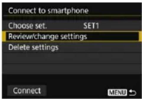 Connect to smartphone Choose set. SET1 Review/change settings Delete settings Connect MENU ↙